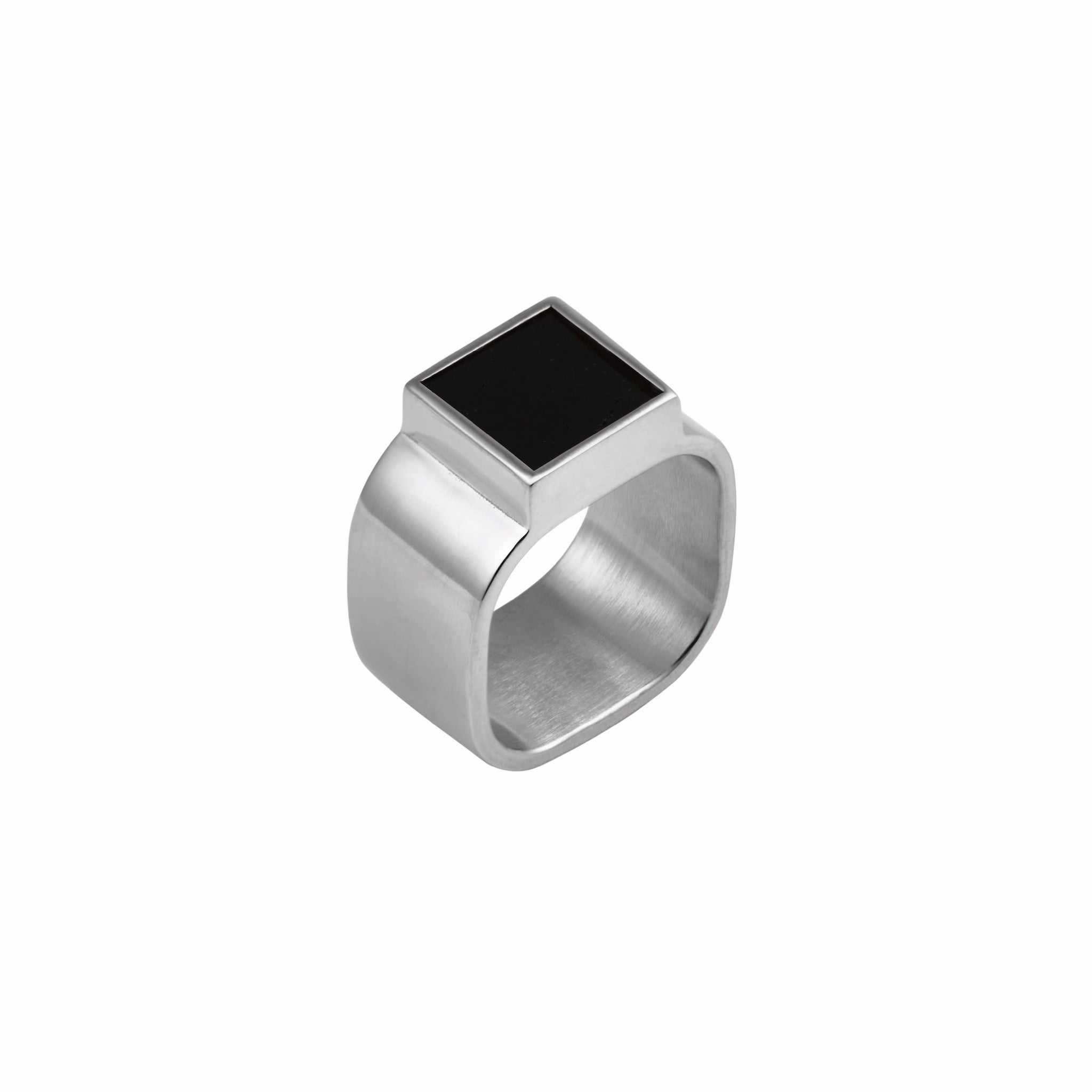 Black Tourmaline Ring by Märta Larsson in polished silver, displayed against a white background. This handcrafted silver tourmaline ring features a bold 9x9mm black tourmaline stone — a minimalist art ring perfect for modern jewelry lovers.