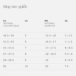 Ring size guide showing EU, US, MM diameter, and UK sizing. Useful reference for selecting the perfect fit for the Mondrian Ring Dalmatian or other gemstone rings.