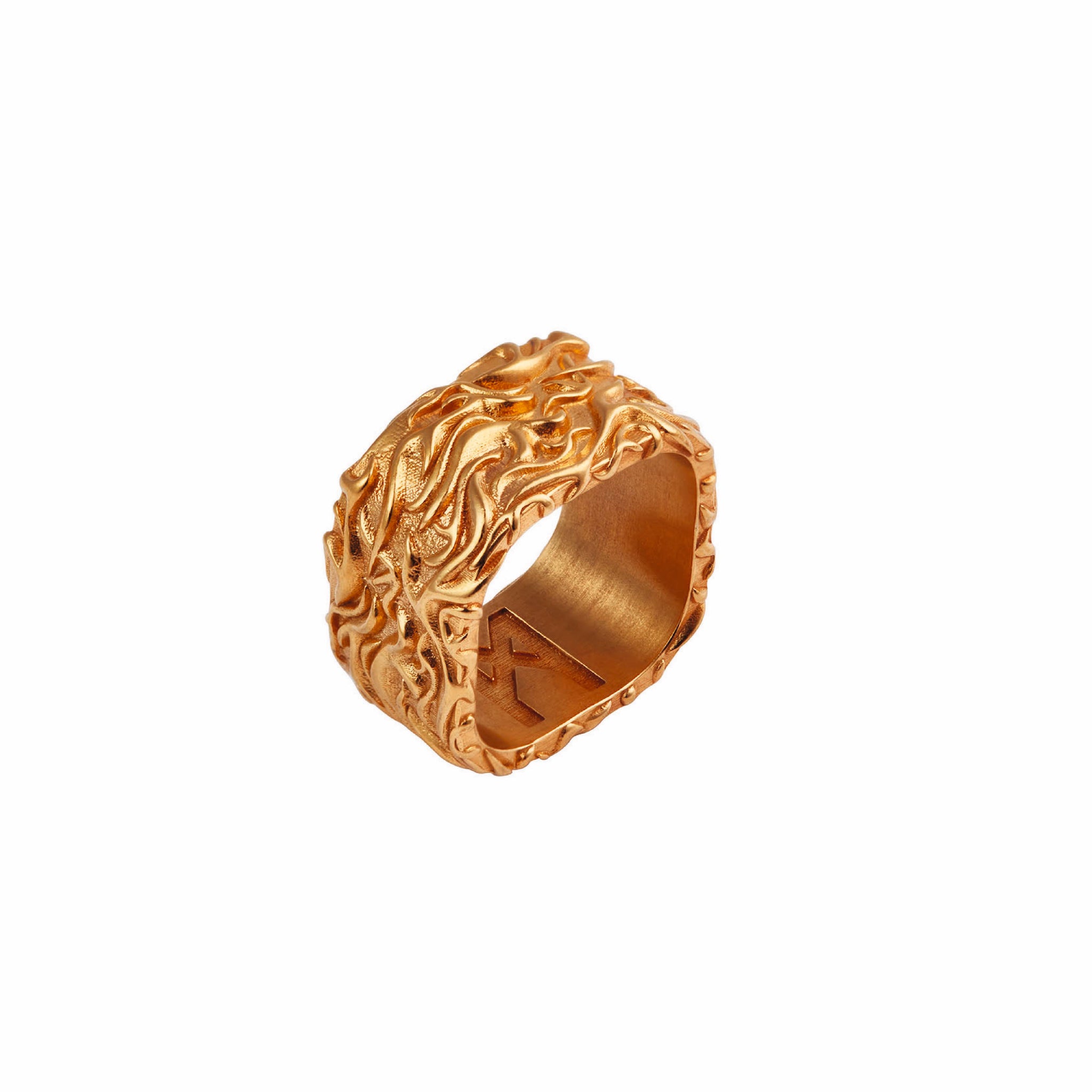 Ring of Fire Gold by Märta Larsson in 24k gold vermeil, displayed on white background. Sculptural statement ring with flame-inspired square silhouette.