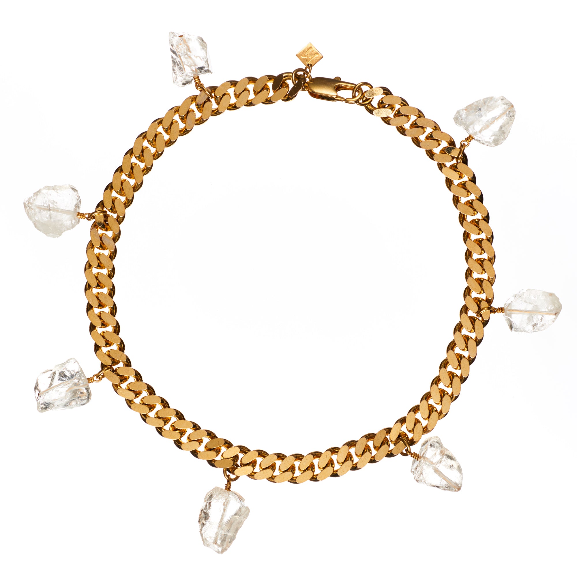 Collar Rough Quartz Necklace by Märta Larsson with raw clear quartz pendant on gold-plated collar chain. Handcrafted statement necklace with natural clarity and sculptural elegance.