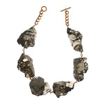 Not A Pearl Necklace XXL Art Edition Pyrite Crystal by Märta Larsson with oversized raw pyrite crystals linked by 14k rolled gold and 18k gold-plated chain. Statement crystal necklace handcrafted in Stockholm — bold, radiant, and unforgettable.