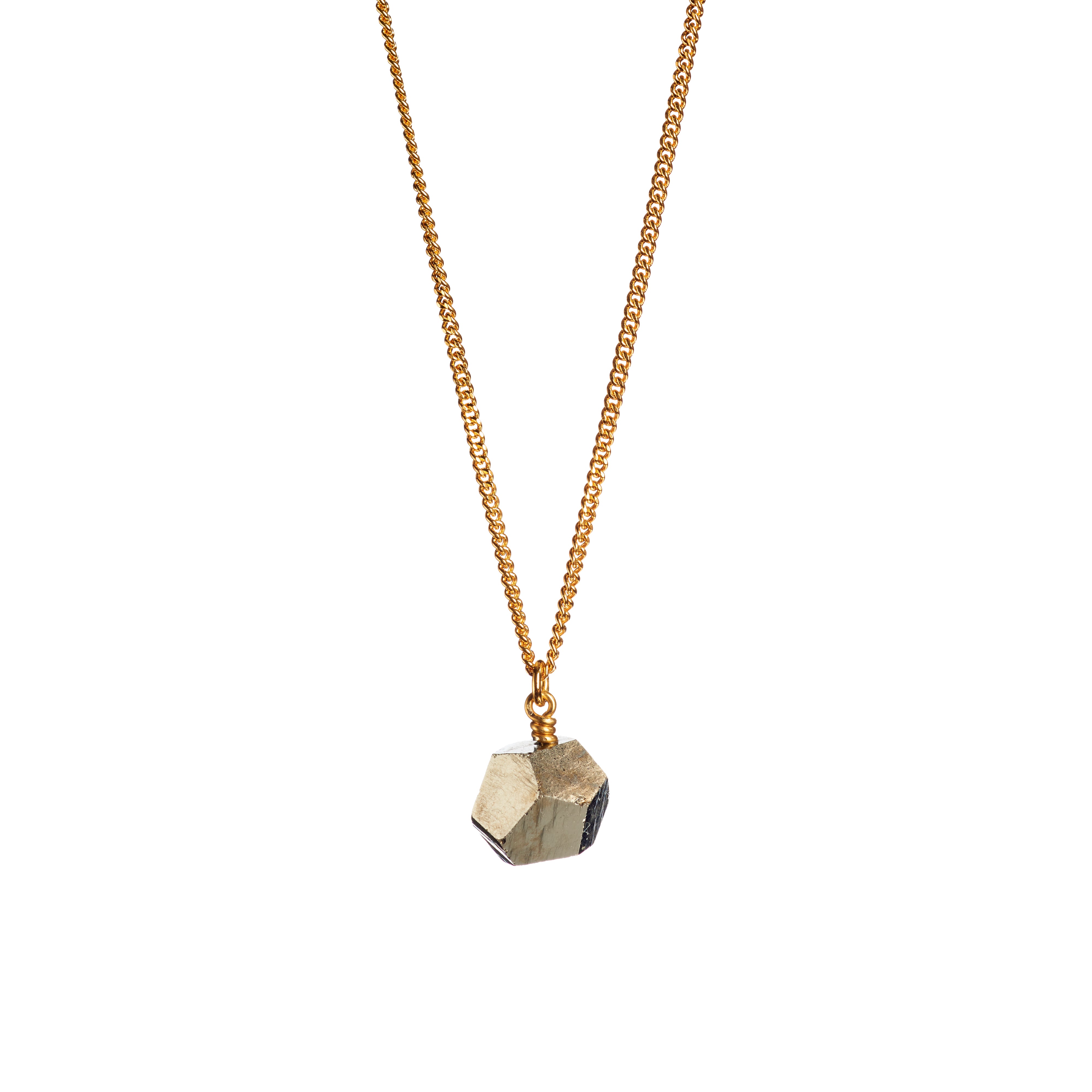 The RawThe Raw One Rough Quartz Necklace by Märta Larsson displayed on white background. Gold vermeil chain with raw quartz pendant — bold contrast and frozen-light glow. One Pyrite Octagon Necklace