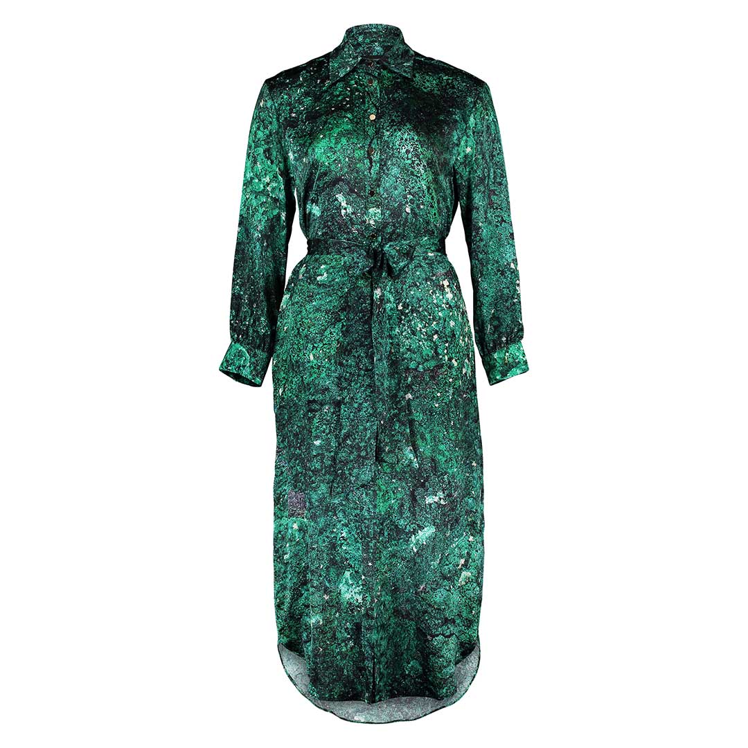 Flat lay of the Glam Rock Silk Satin Shirt Dress by Märta Larsson, displayed against a white background. The clean front design and luxurious silk satin fabric reflect the timeless appeal of elegant shirt dresses for women.