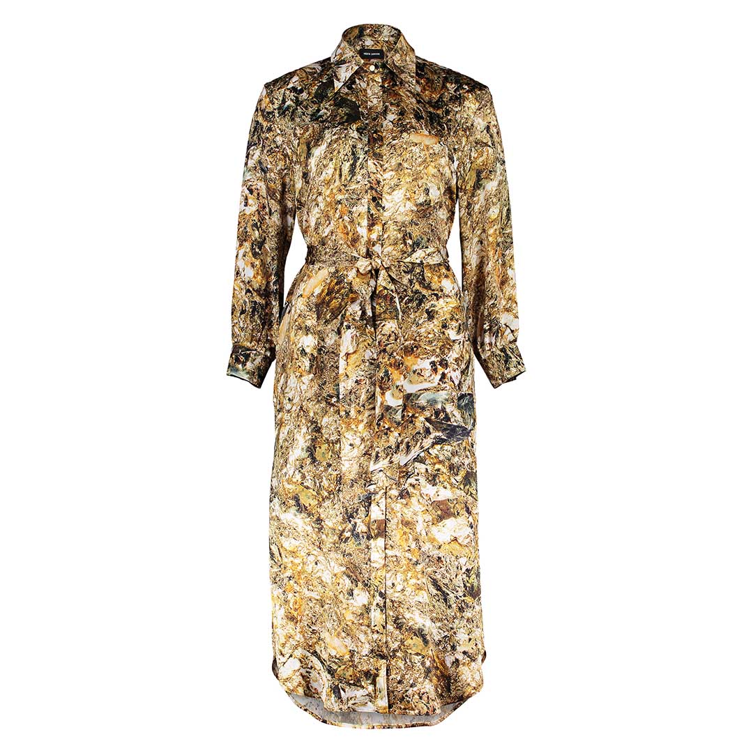 Flat lay of the Glam Rock Silk Satin Shirt Dress by Märta Larsson, displayed against a white background. The clean front design and luxurious silk satin fabric reflect the timeless appeal of elegant shirt dresses for women.