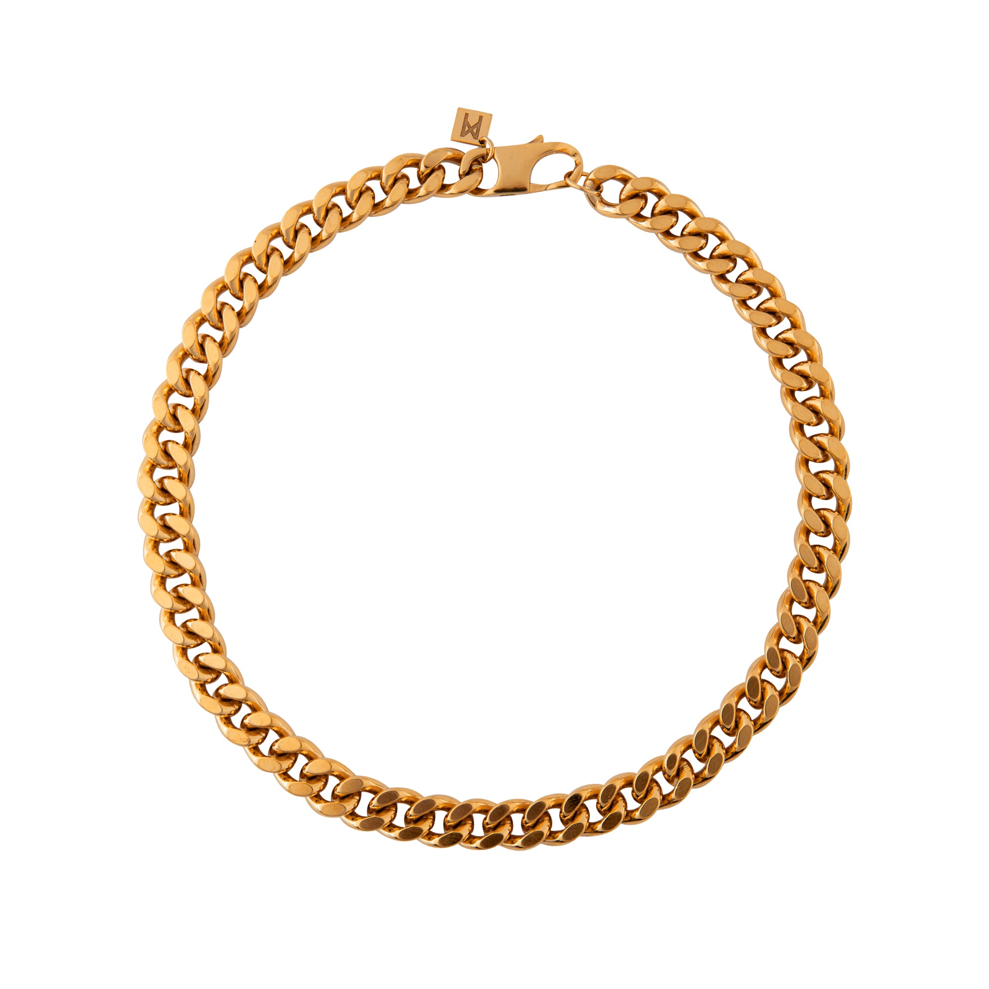 Handcrafted gold collar necklace by Märta Larsson displayed on white background.