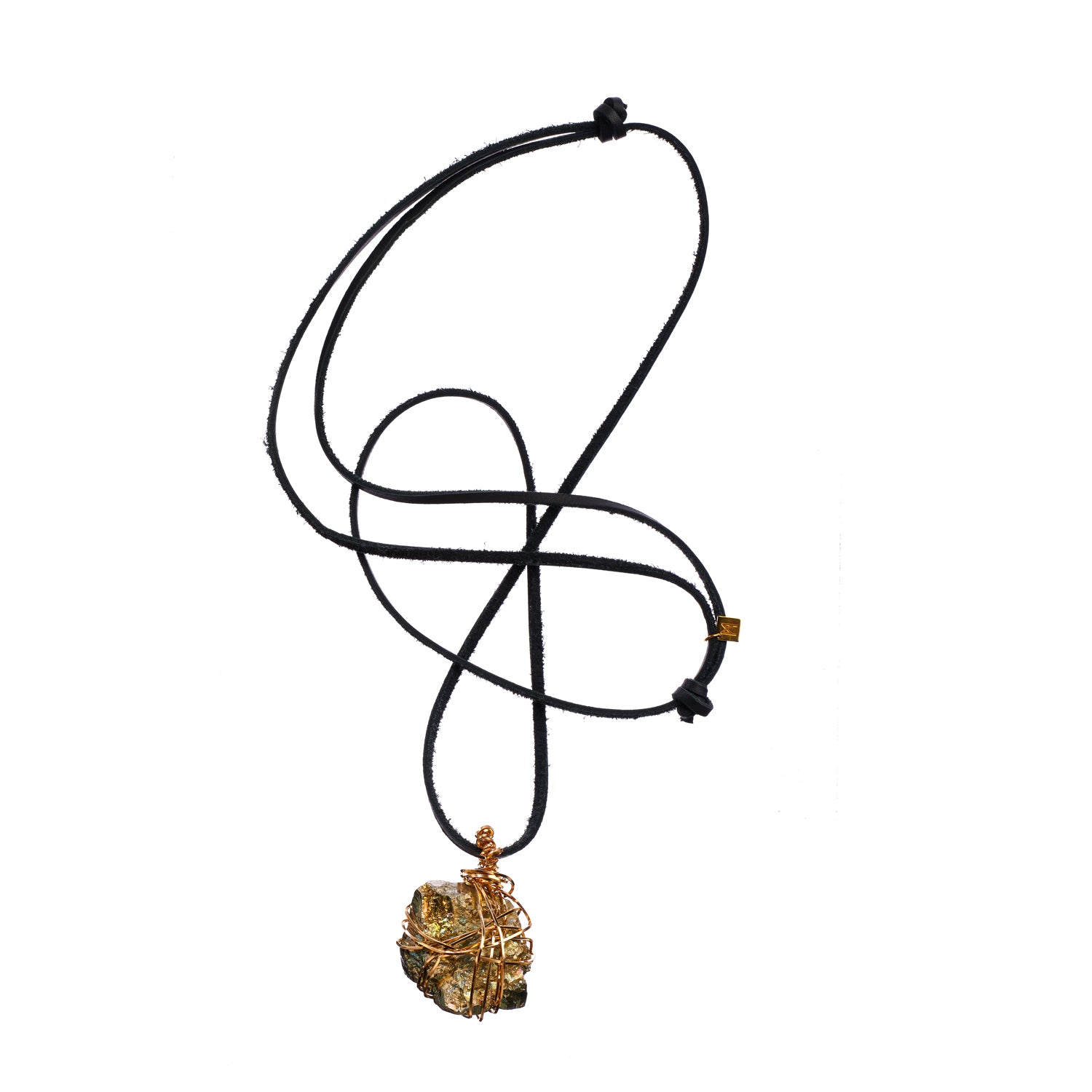 Bondage Pyrite Gold Pendant Necklace by Märta Larsson featuring a raw pyrite crystal wrapped in copper wire, handcrafted with natural strength.