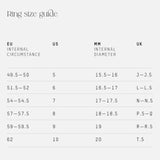 Ring size guide showing EU, US, MM diameter, and UK sizing. Useful reference for selecting the perfect fit for the Mondrian Ring Dalmatian or other gemstone rings.