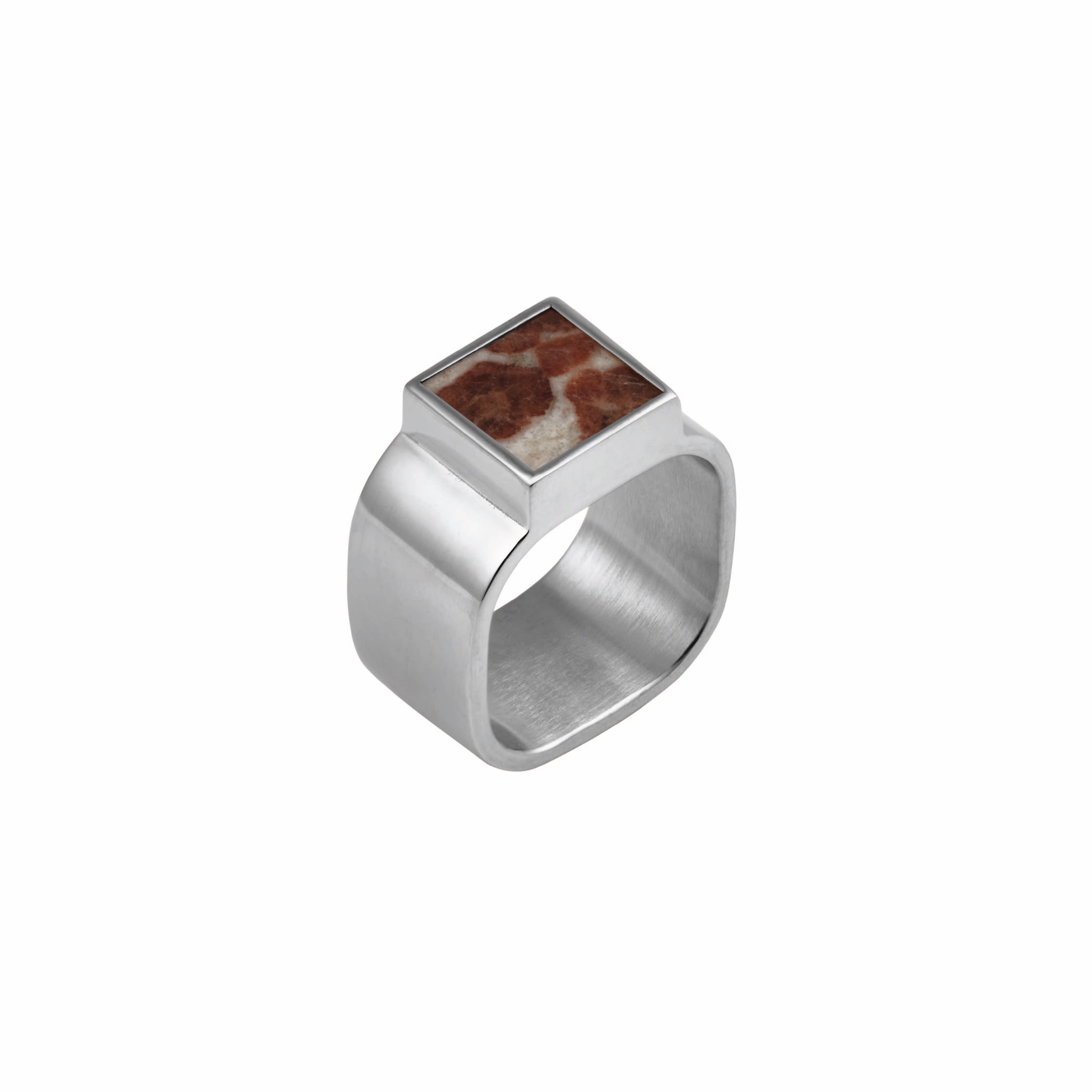 Mondrian Ring Garnet in Limestone by Märta Larsson in polished silver, a minimalist modern statement ring with square-cut garnet set in limestone on white background.