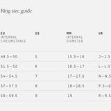 Ring size guide showing EU, US, MM diameter, and UK sizing. Useful reference for selecting the perfect fit for the Art Ring Black Tourmaline or other crystal rings.
