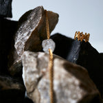  Close-up of brushed gold ring and crystal necklace placed on raw rocks, highlighting contrast between natural texture and refined design.
