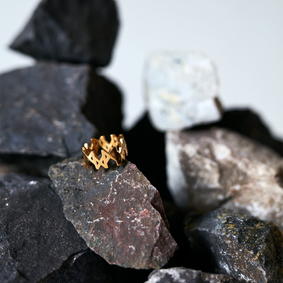 MMM Polished Gold Vermeil Ring by Märta Larsson placed on a stone among white, black, and grey stones, highlighting its polished gold surface and bold repeating “M” logo contrast.