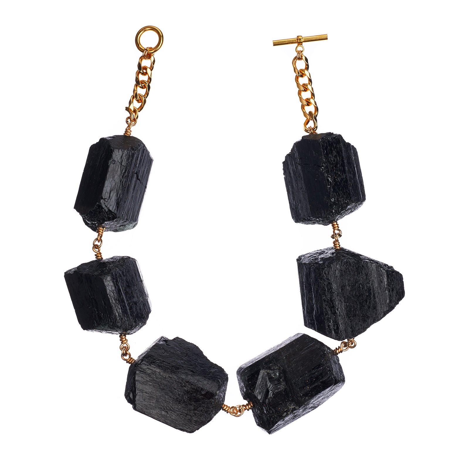 Not a Pearl Necklace XXL Black Tourmaline by Märta Larsson featuring oversized raw black tourmaline stones with 14k rolled gold and 18k gold-plated chain, bold and handcrafted.