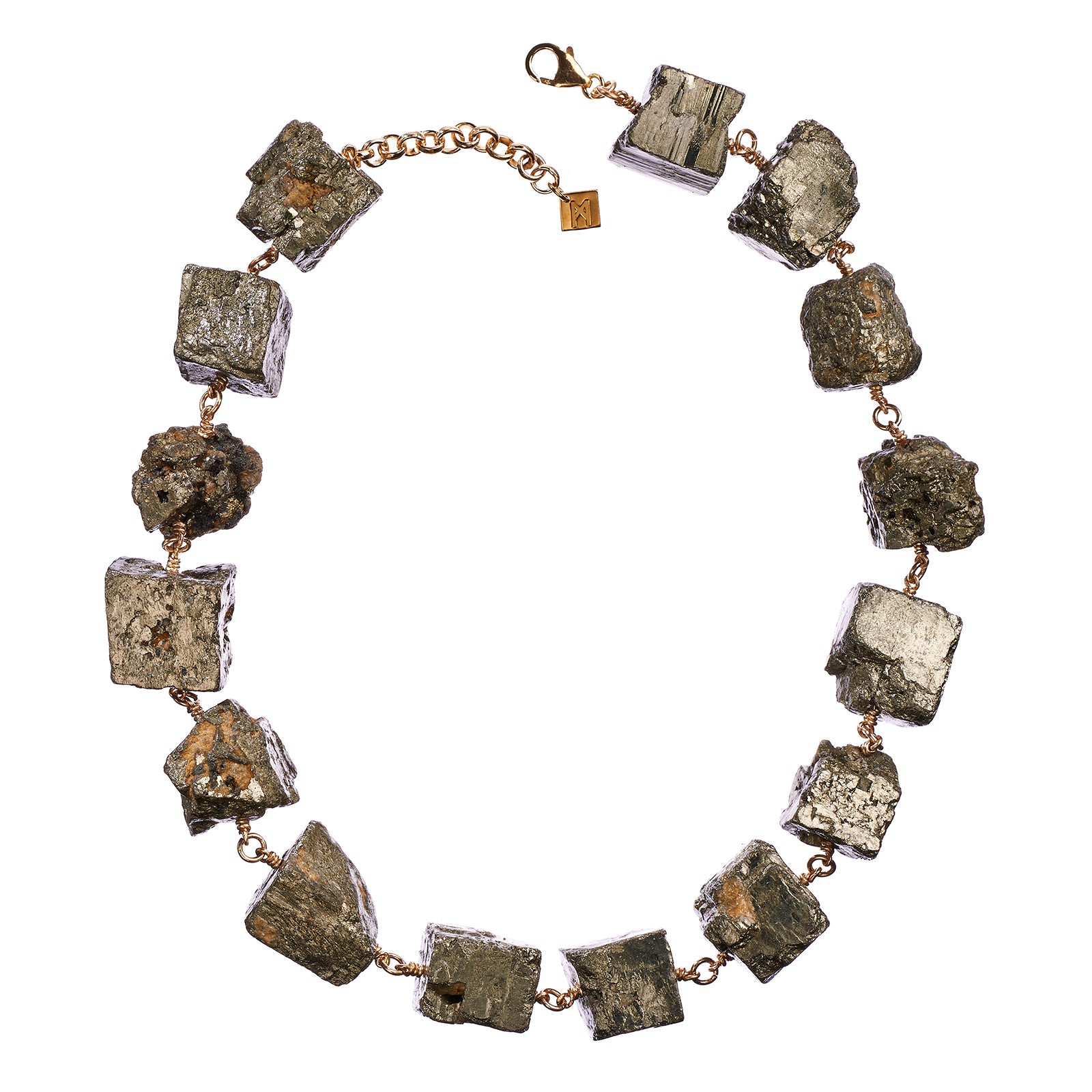 Not A Pearl Necklace Pyrite by Märta Larsson with chunky raw pyrite stones linked by 14k rolled gold. Statement crystal necklace handcrafted in Stockholm — bold, metallic, and unforgettable.