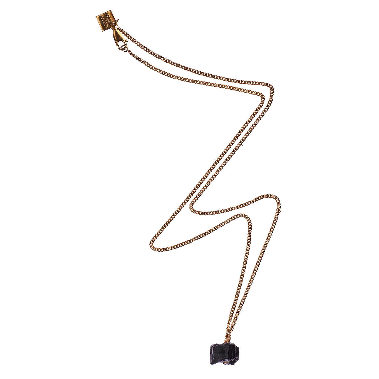 The Raw One Black Tourmaline Necklace by Märta Larsson featuring a raw black tourmaline pendant on a gold-vermeil chain, handcrafted with bold natural texture.