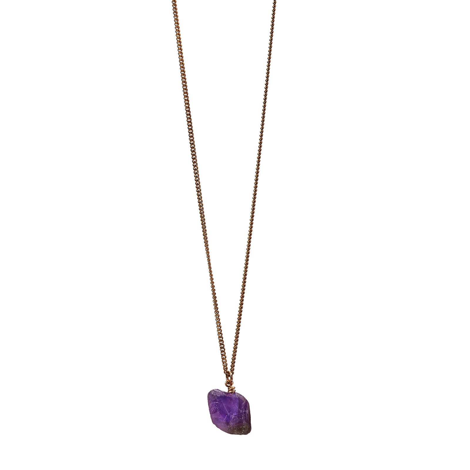 The Raw One Amethyst Necklace by Märta Larsson with raw purple crystal on a gold-vermeil chain, a bold modern handcrafted piece.