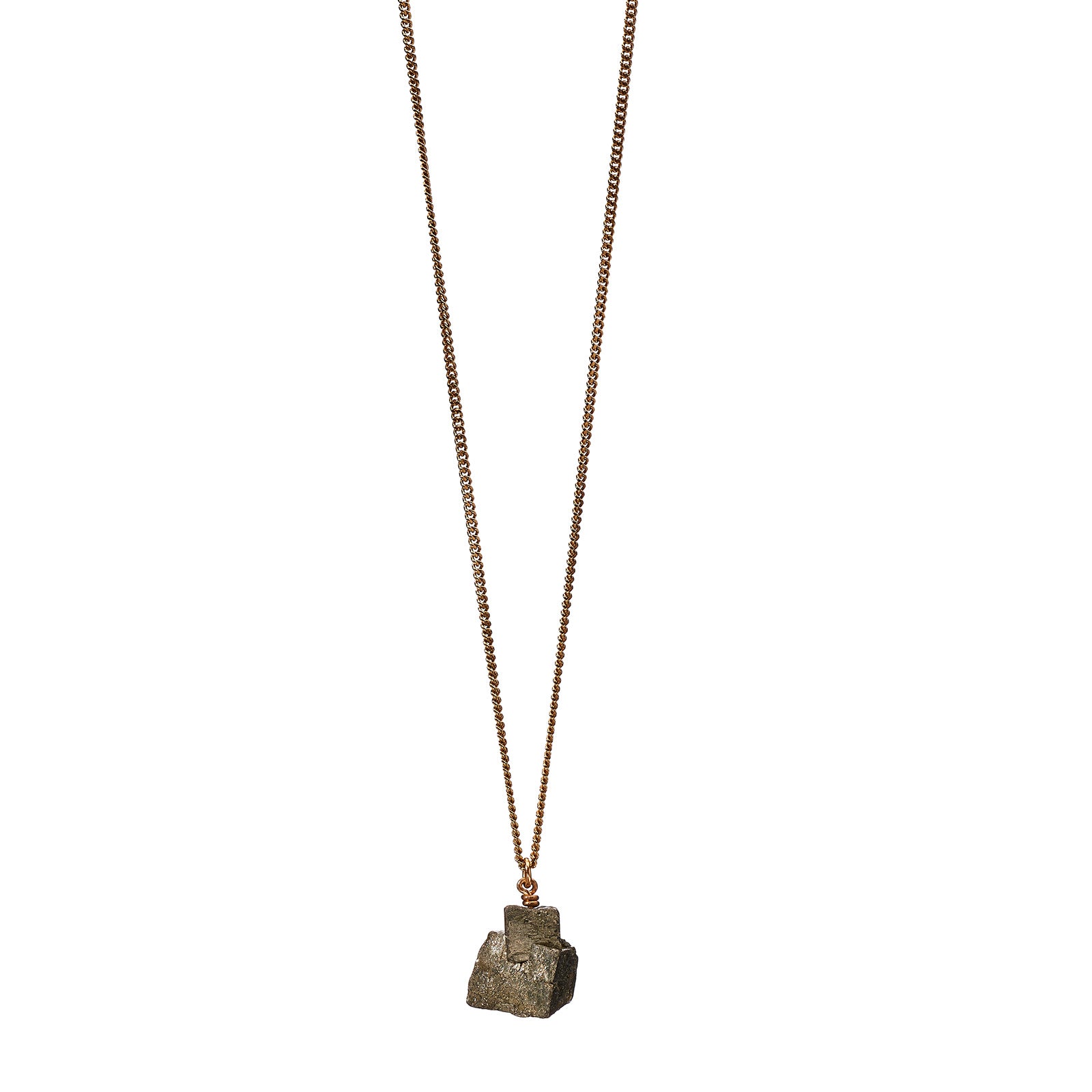 The Raw One Pyrite Necklace by Märta Larsson with raw pyrite crystal on a gold-vermeil chain, a bold minimalist handcrafted piece.