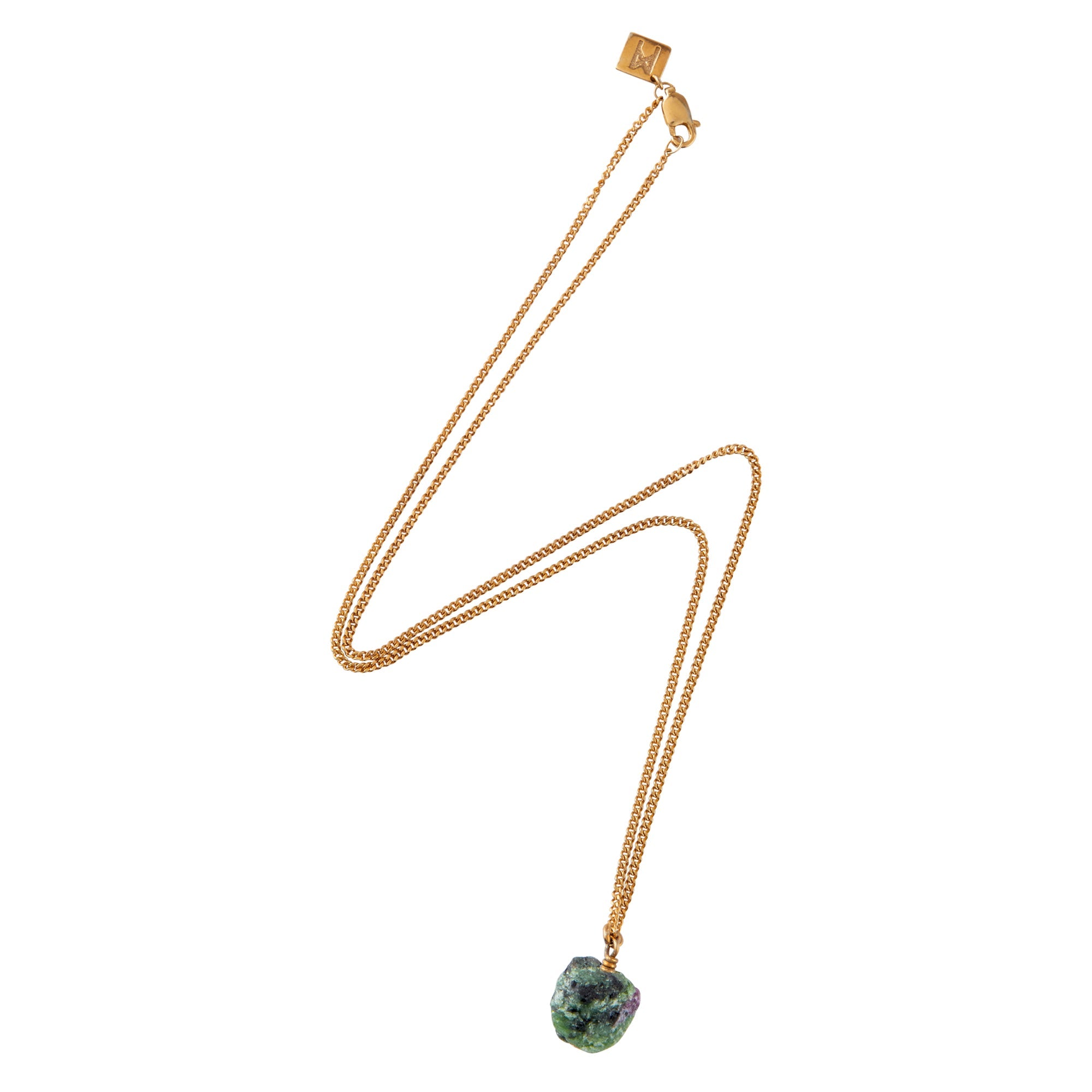 Gold chain necklace with a raw ruby zoisite stone, arranged in a lightning-like shape on a white background.