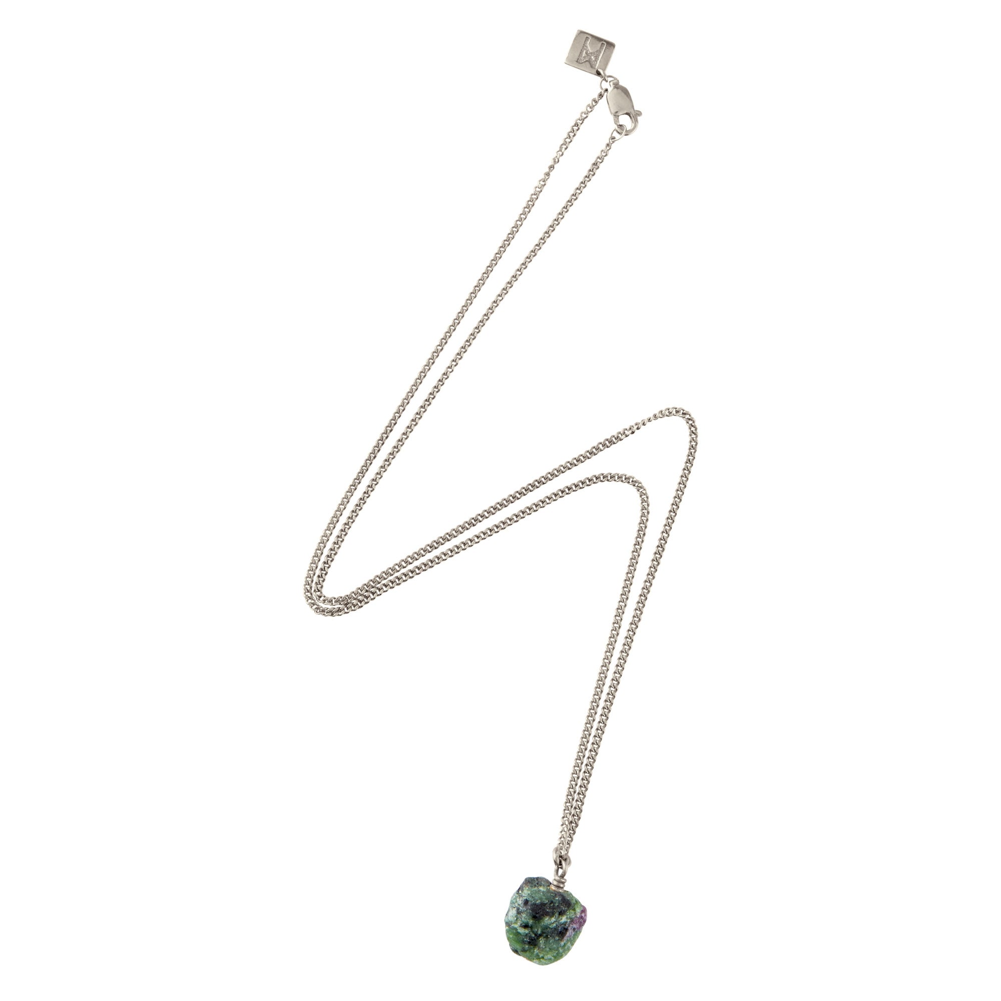 Silver chain necklace with a raw ruby zoisite stone, arranged in a lightning-like shape on a white background.