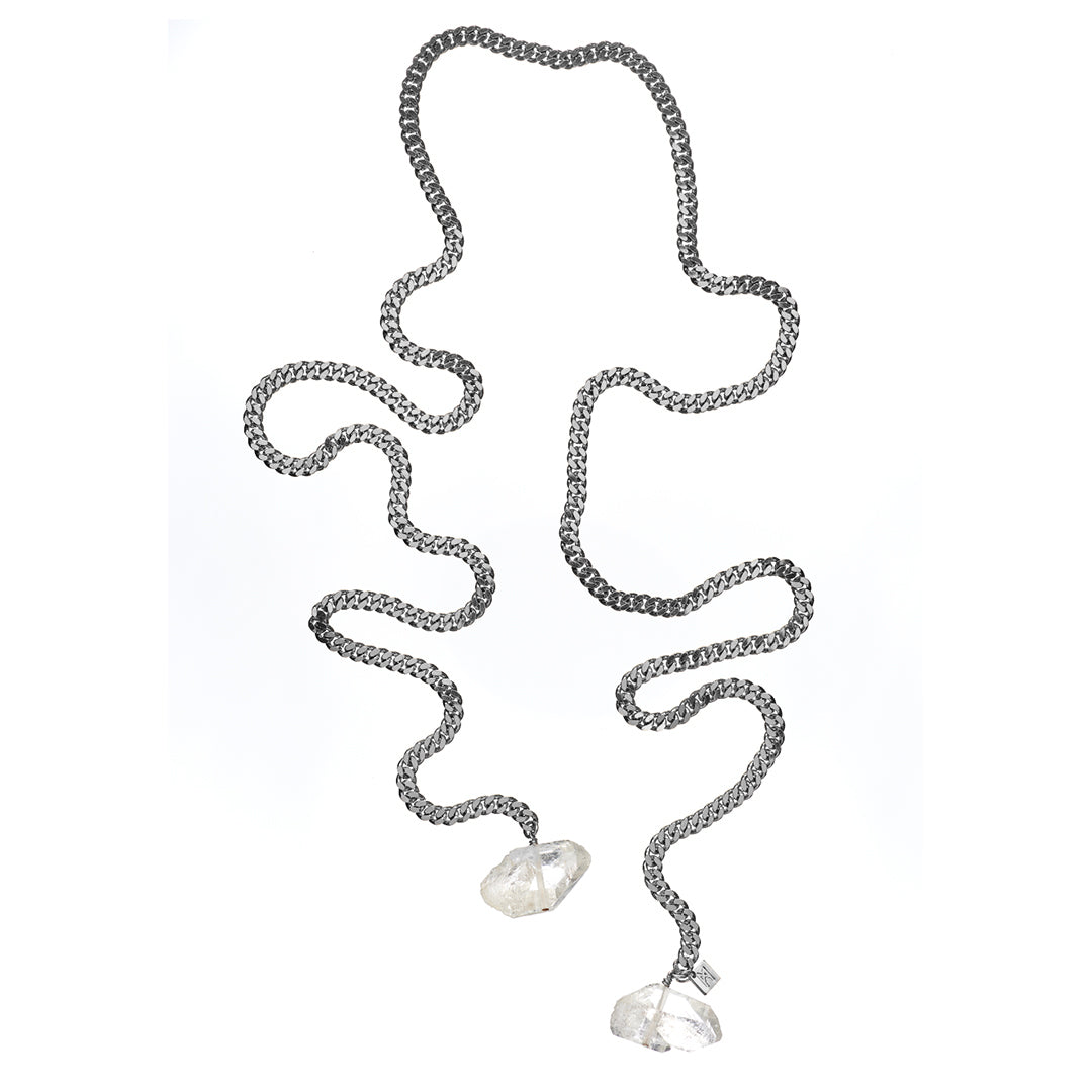 Tie Me Up Quartz Necklace by Märta Larsson in sterling silver, a bold modern design with raw clear quartz pendants on a serpentine chain.