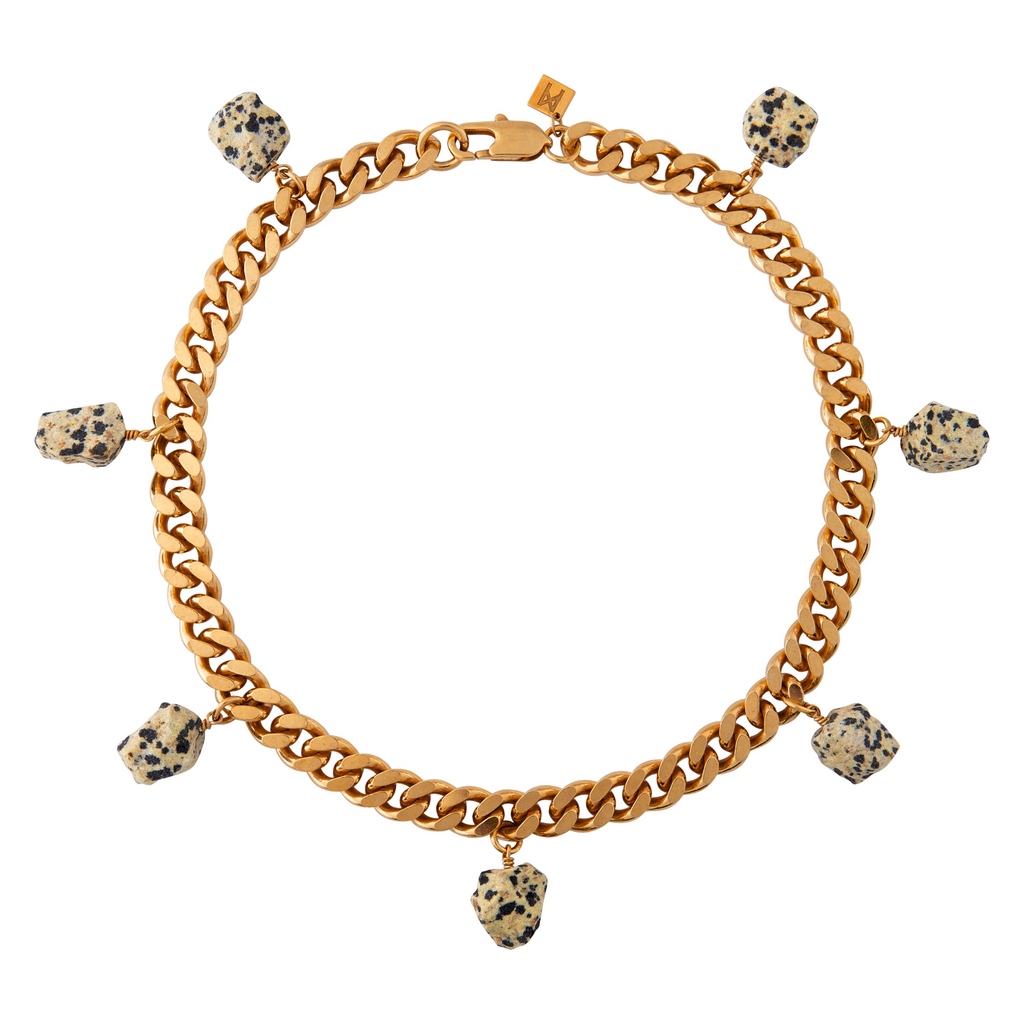 Collar Dalmatian Necklace by Märta Larsson featuring seven raw spotted stone charms on a gold-plated collar chain — bold, modern, handcrafted.