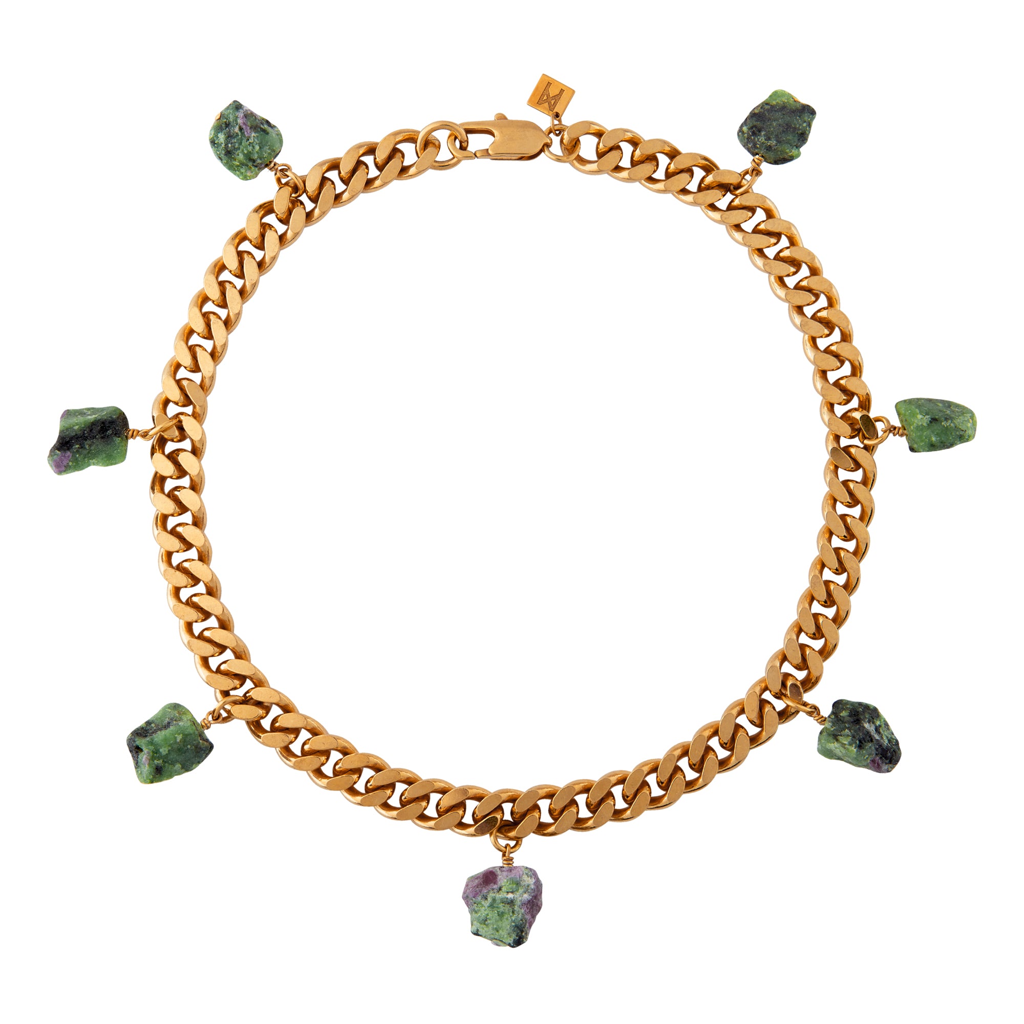 Collar Ruby Zoisite Necklace by Märta Larsson featuring seven raw ruby-zoisite stones on a gold-plated collar chain, bold and sculptural.