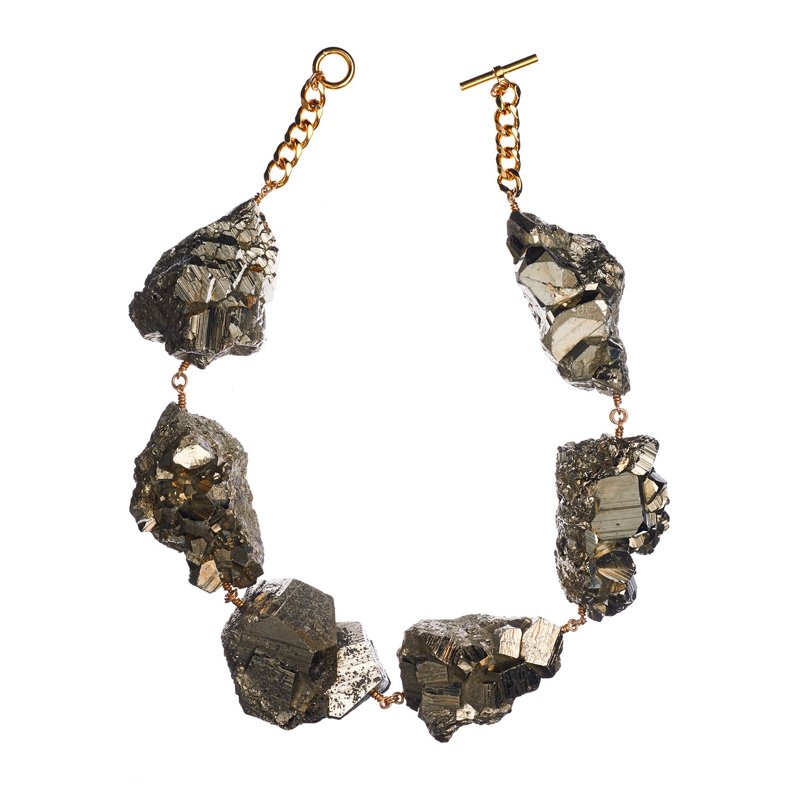 Not a Pearl Necklace XXL Art Edition Pyrite Crystal by Märta Larsson featuring oversized raw pyrite crystals with 14k rolled gold and 18k gold-plated chain, bold and handcrafted.