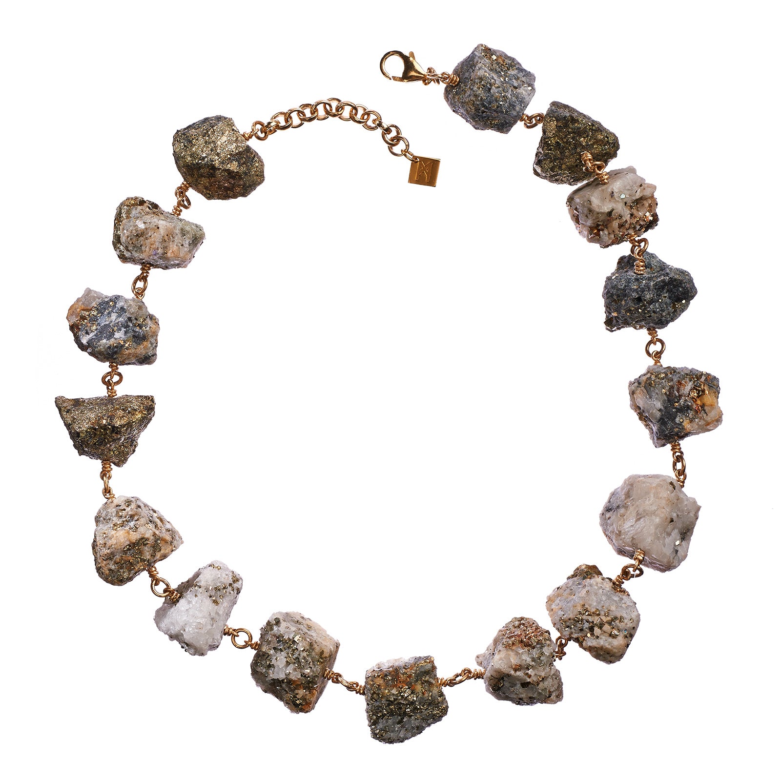 Not a Pearl Necklace Calcite Pyrite by Märta Larsson featuring chunky raw calcite-pyrite stones linked with 14k rolled gold, bold and handcrafted.