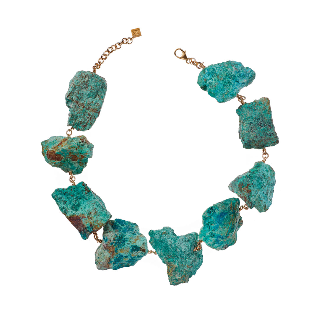 Not A Pearl Necklace Chrysocolla by Märta Larsson with chunky raw chrysocolla and 14k rolled gold chain, a bold handcrafted statement piece.
