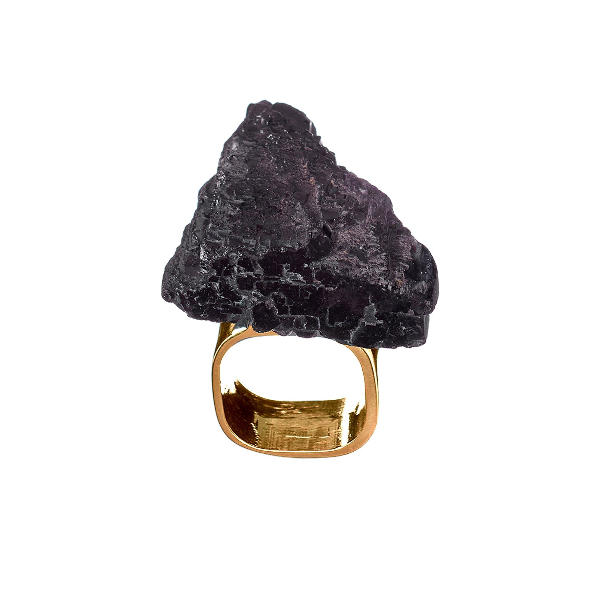 Roxx Black Tourmaline Asymmetrical Ring by Märta Larsson in gold vermeil, a bold raw black tourmaline statement piece shown on a white background.