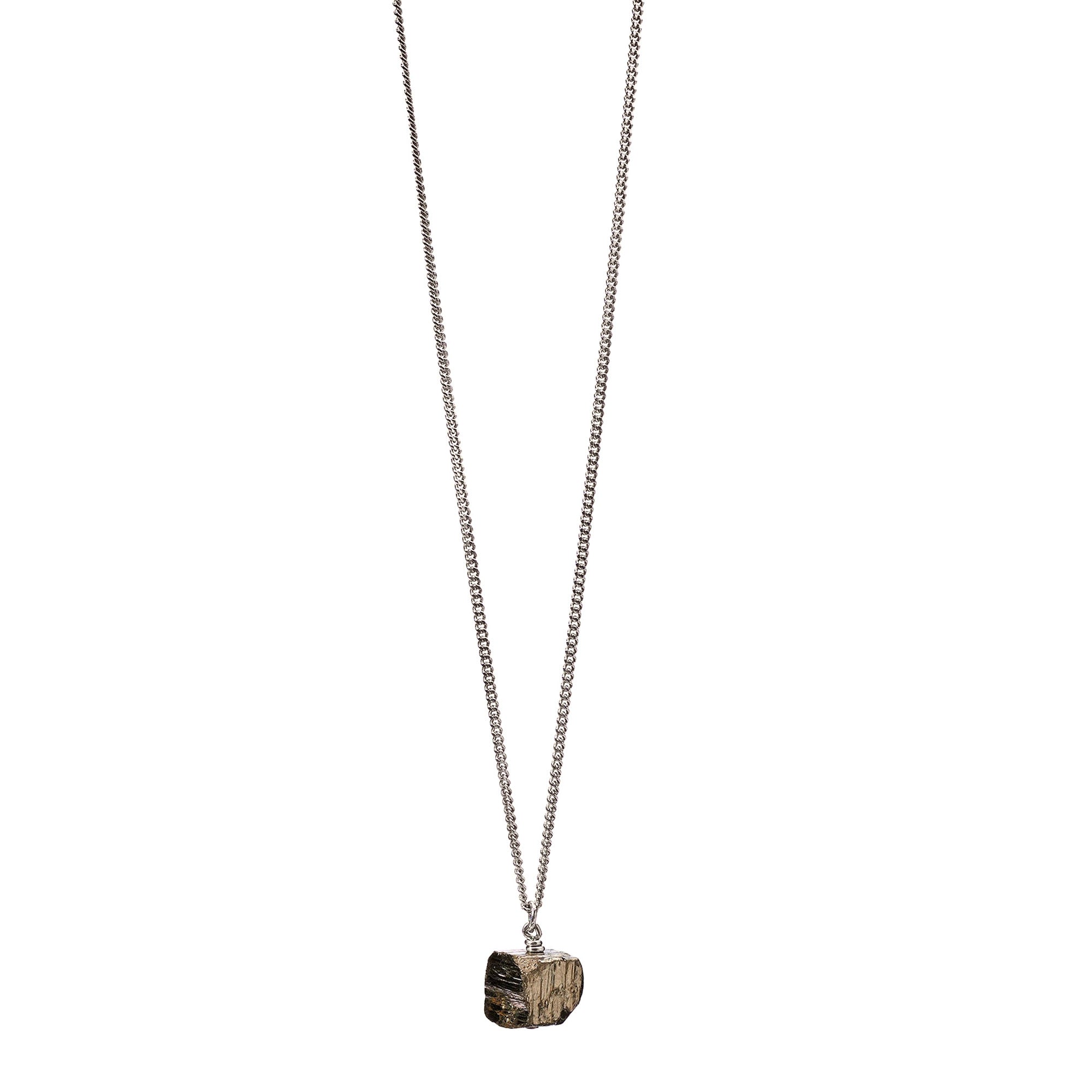 The Raw One Shiny Pyrite Necklace by Märta Larsson featuring a polished pyrite crystal on a gold-vermeil chain, a minimalist handcrafted piece with crisp metallic sheen.