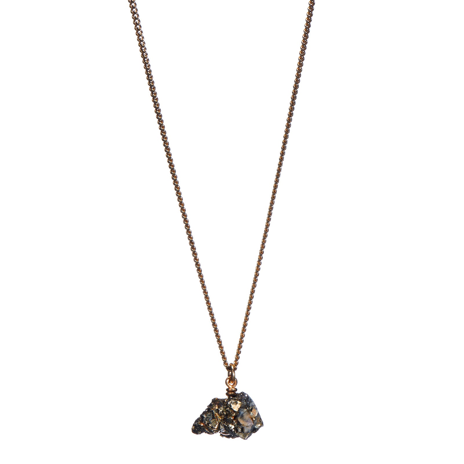  Raw calcite-pyrite crystal pendant hanging from a gold-tone chain, shown centered on a white background.