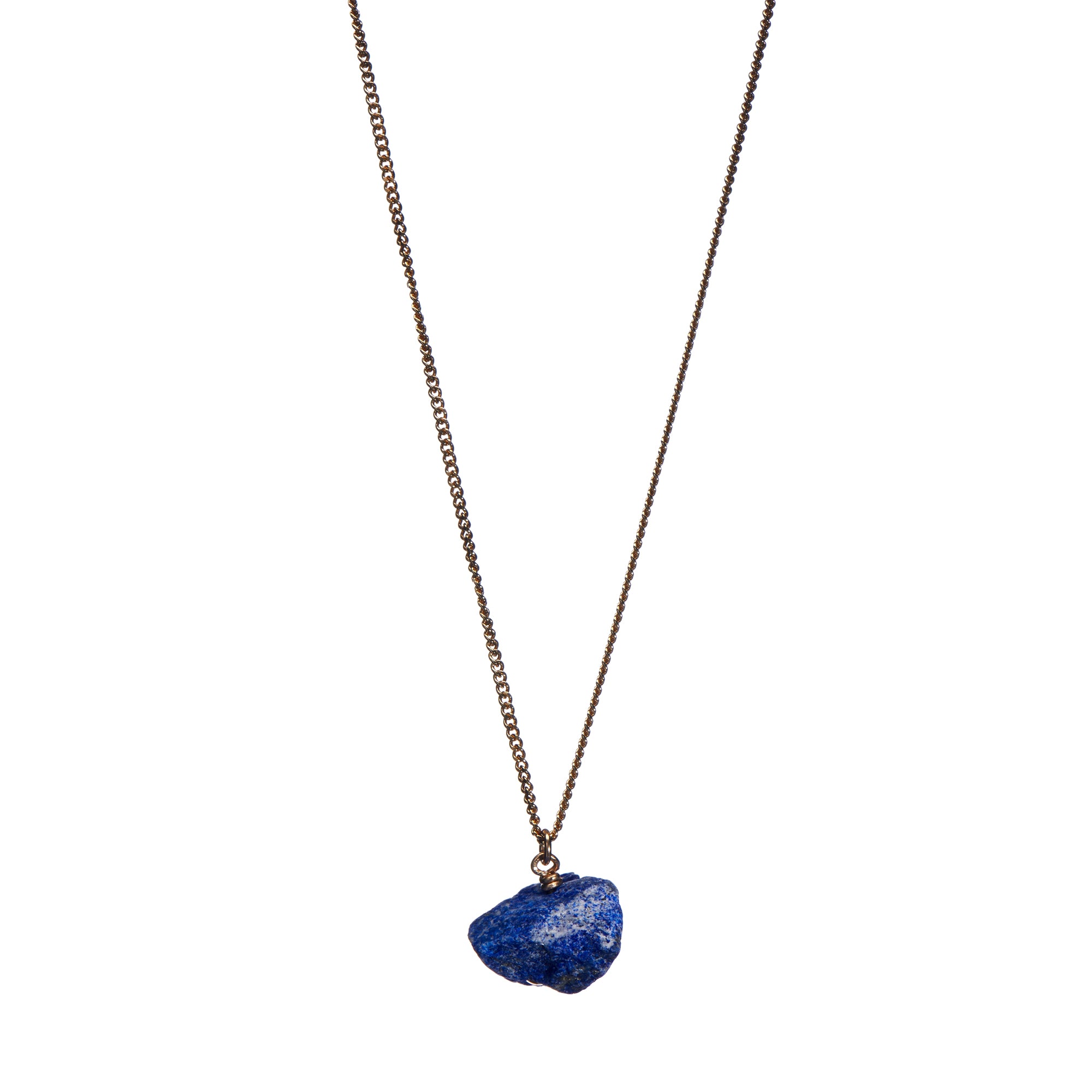 The Raw One Lapis Lazuli Necklace by Märta Larsson with raw ultramarine crystal on a gold-vermeil chain — bold, sculptural, handcrafted.