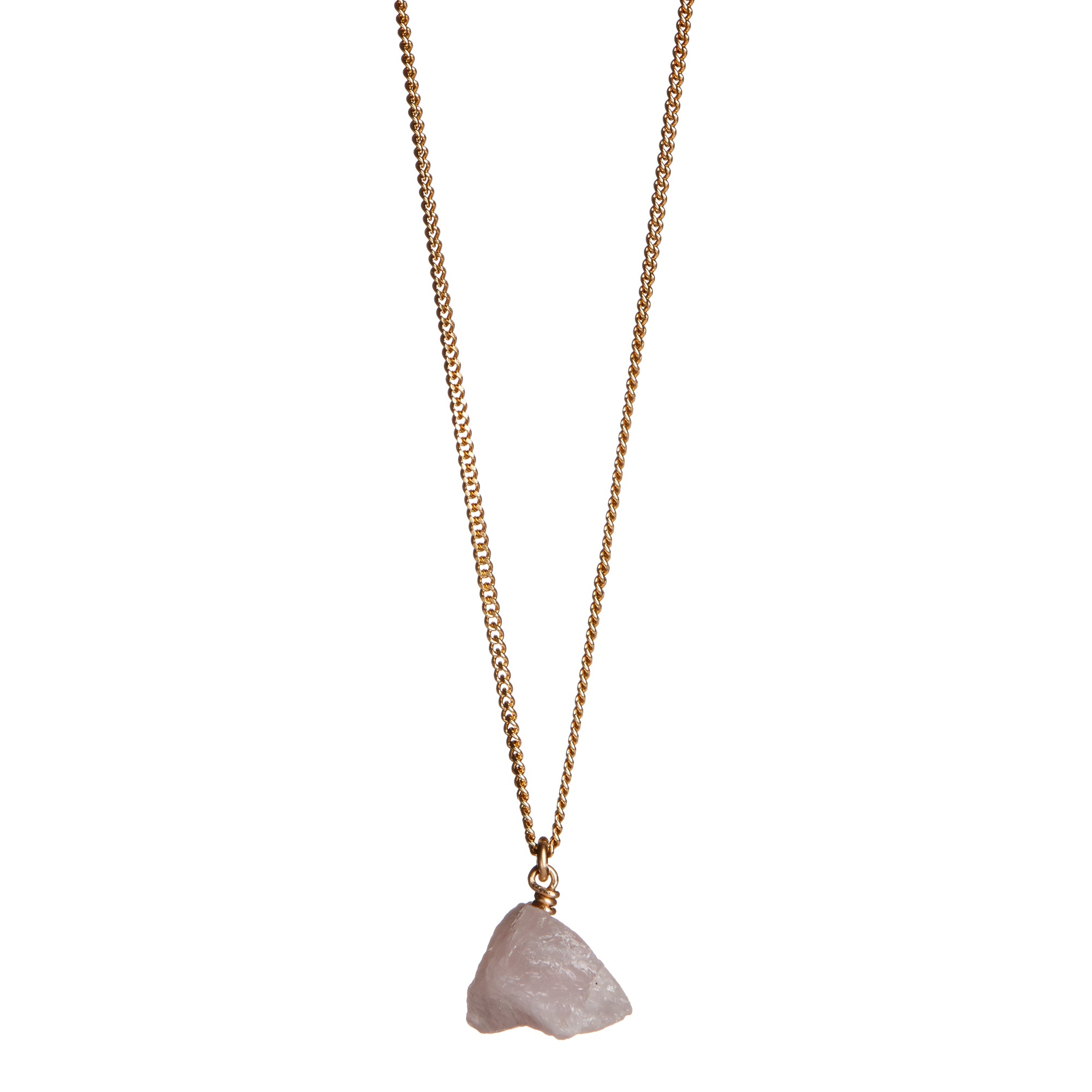  The Raw One Rose Quartz Necklace by Märta Larsson with raw crystal pendant on gold vermeil chain. Raw rose quartz necklace handcrafted in Stockholm — soft blush with bold finish.